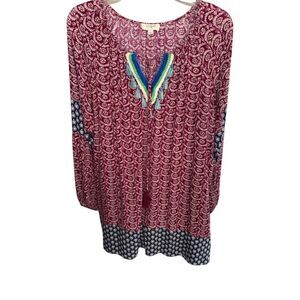 Umgee Women's Tunic Dress Long Sleeve‎ V-Neck Floral Boho Size Large